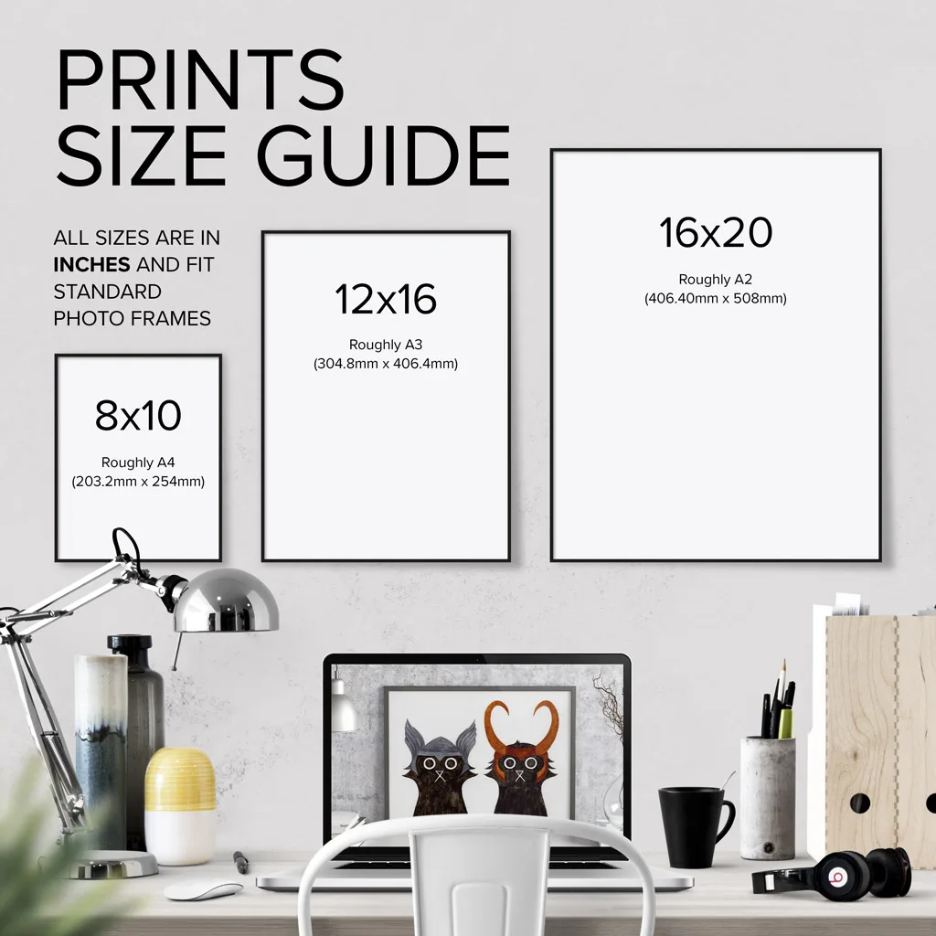 prints sizing guide showing the sizes, 8x10", 12x16" and 16x20" in a mockup