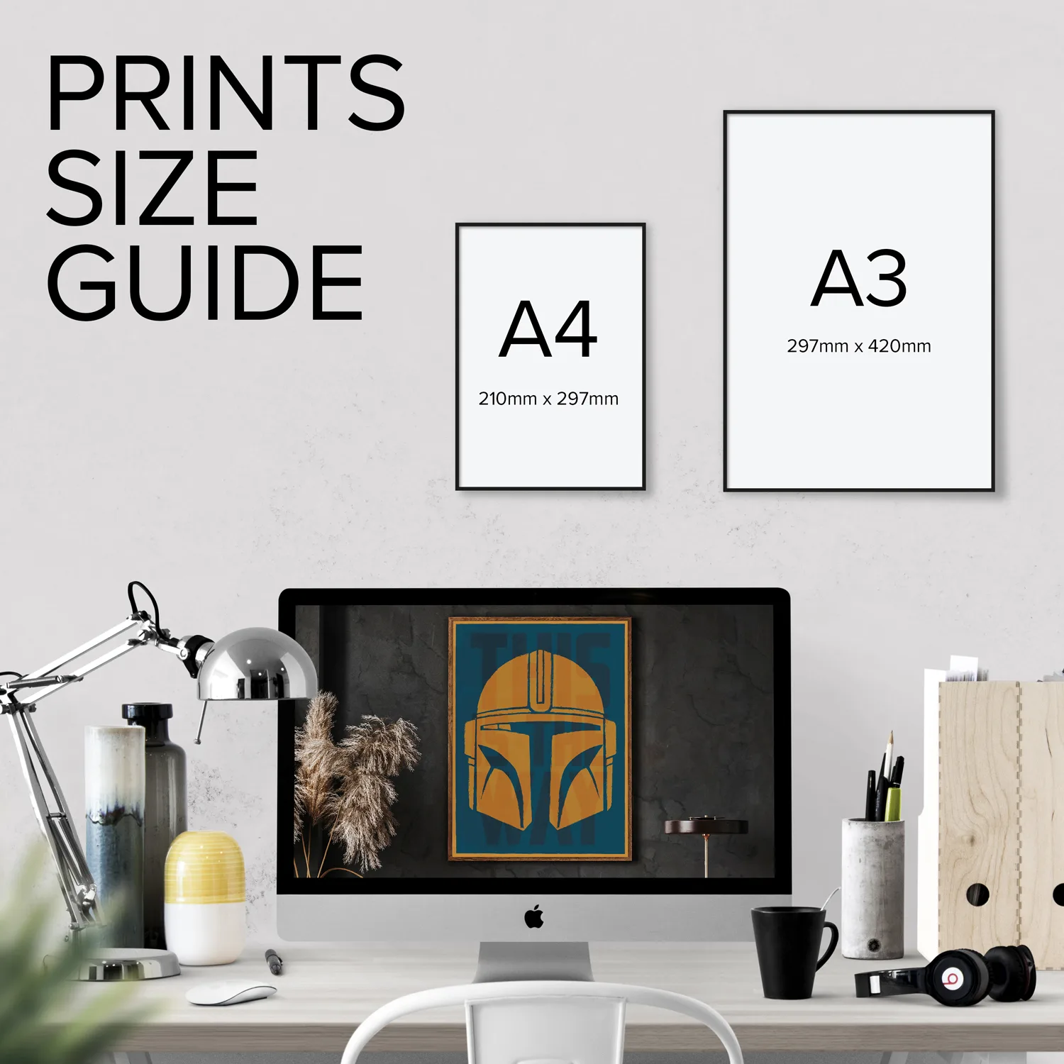 Prints sizing guide showing the sizes, A4 and A3 in a mockup