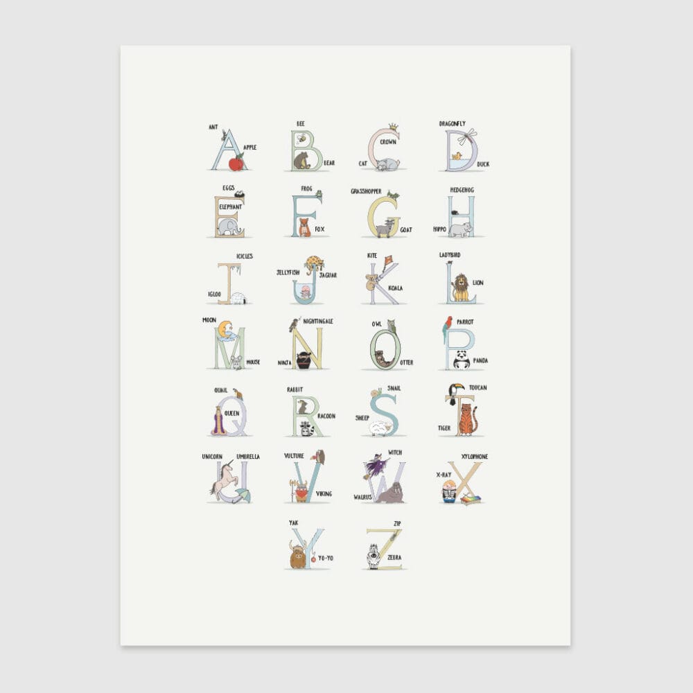 personalised hand-drawn alphabet name illustration print, using unique character illustrations for each letter