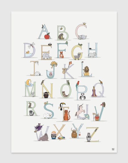 personalised hand-drawn alphabet name illustration print, using unique character illustrations for each letter