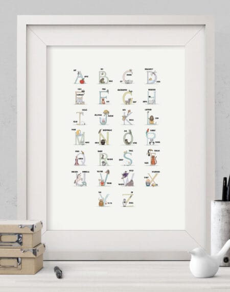personalised hand-drawn alphabet name illustration print, using unique character illustrations for each letter