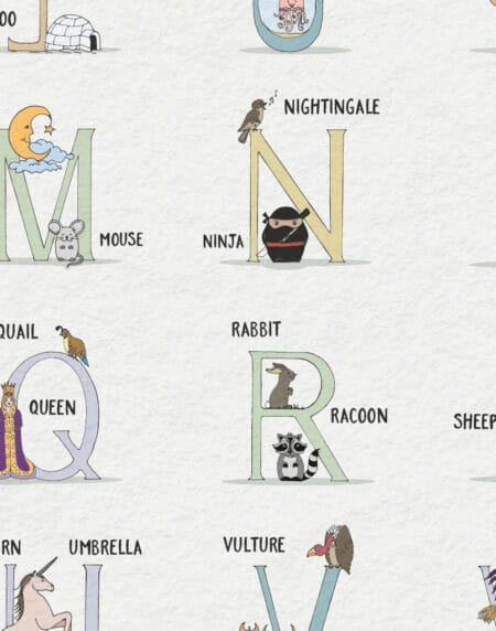 personalised hand-drawn alphabet name illustration print, using unique character illustrations for each letter, zoomed in