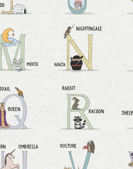 personalised hand-drawn alphabet name illustration print, using unique character illustrations for each letter, zoomed in