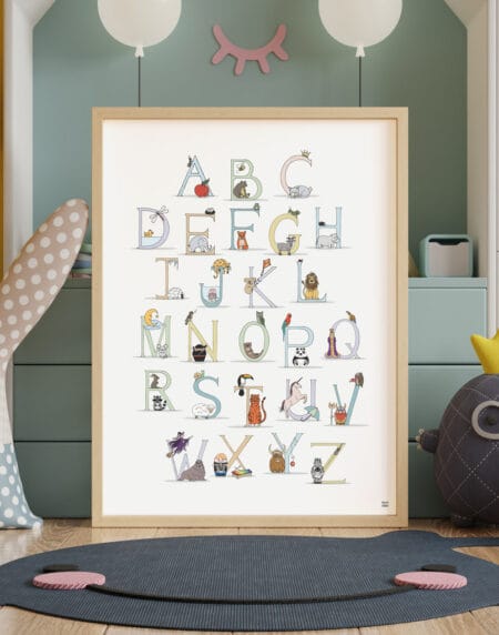 personalised hand-drawn alphabet name illustration print, using unique character illustrations for each letter