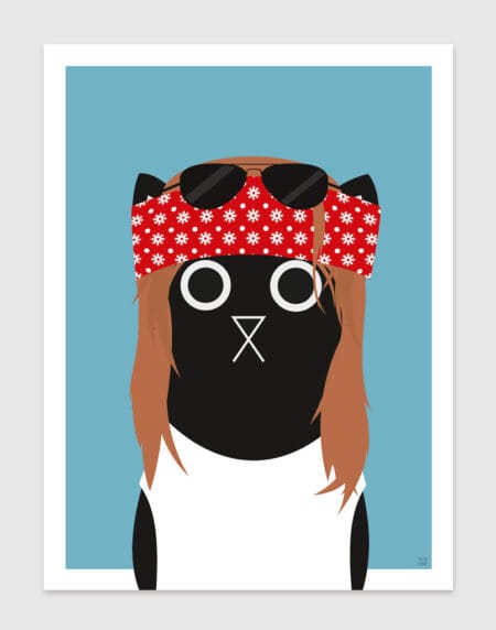 Tongue-in-cheek vector illustration of a cat depicted as Axl Rose from the band Guns 'n Roses, wearing a red bandana