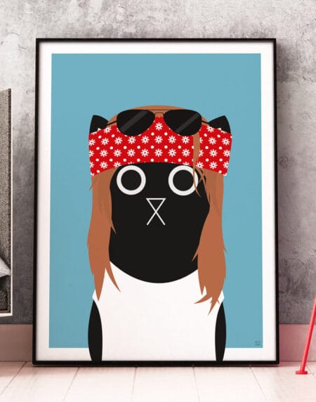 Tongue-in-cheek vector illustration of a cat depicted as Axl Rose from the band Guns 'n Roses, wearing a red bandana