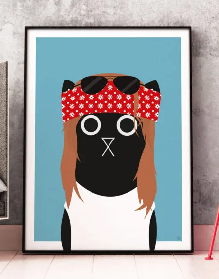 Tongue-in-cheek vector illustration of a cat depicted as Axl Rose from the band Guns 'n Roses, wearing a red bandana