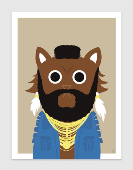 tongue in cheek vector illustration of a cat depicted as B. A. Baracus from the A-Team, wearing gold chains and a blue top