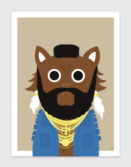 tongue in cheek vector illustration of a cat depicted as B. A. Baracus from the A-Team, wearing gold chains and a blue top