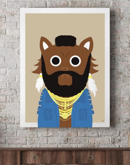 tongue in cheek bold illustration of a cat depicted as B. A. Baracus from the A-Team, wearing gold chains and a blue top
