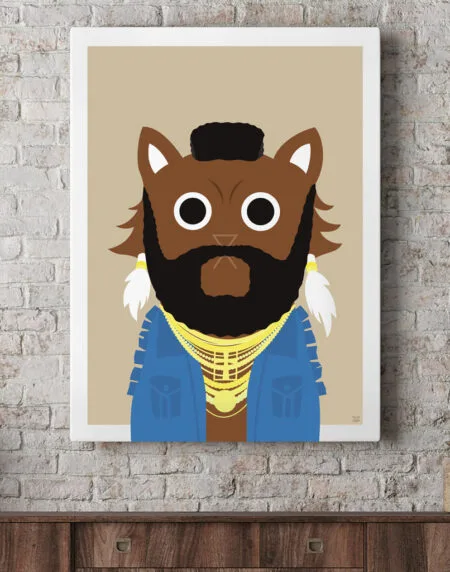tongue in cheek bold illustration of a cat depicted as B. A. Baracus from the A-Team, wearing gold chains and a blue top