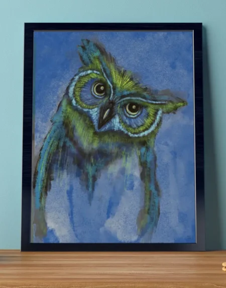 a loosely sketched art print of an owl tilting his head to the right, done in swathes of blue and lime green