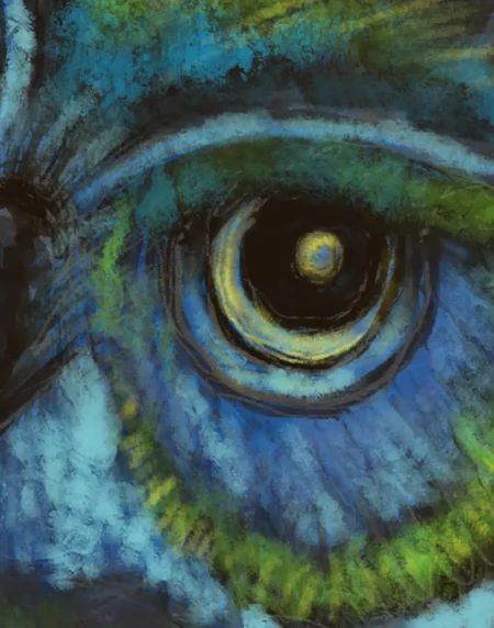 a loosely sketched art print of an owl tilting his head to the right, done in swathes of blue and lime green zoomed in