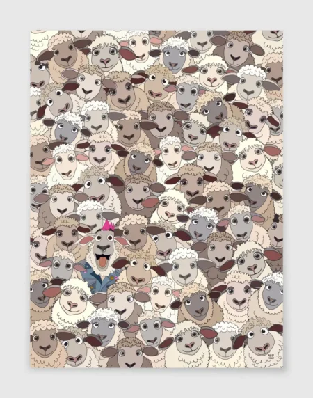 A hand-drawn illustration of a cluster of sheep, with one bold denim-wearing pink mohawked sheep