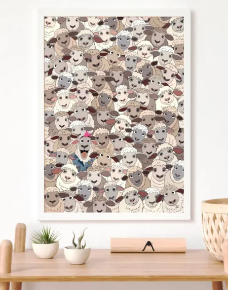 A hand-drawn illustration of a cluster of sheep, with one bold denim-wearing pink mohawked sheep