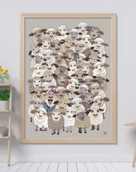 A hand-drawn illustration of a cluster of sheep, with one bold denim-wearing pink mohawked sheep