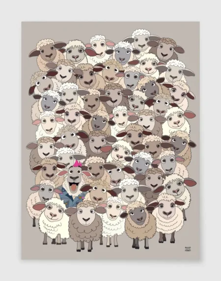 A hand-drawn illustration of a cluster of sheep, with one bold denim-wearing pink mohawked sheep