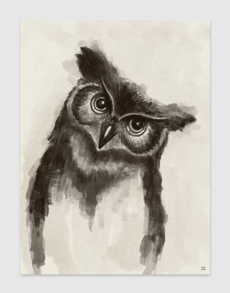 a loosely sketched, neutral art print of an owl tilting his head to the right, done in neutral greys and earth tones