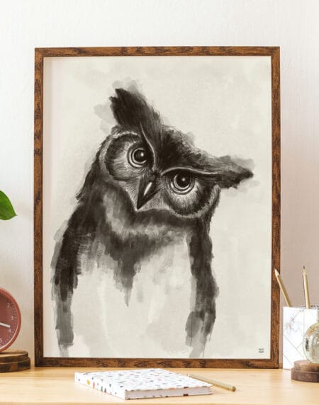 a loosely sketched, neutral art print of an owl tilting his head to the right, done in neutral greys and earth tones