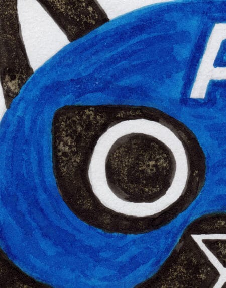 ink and salt black cat illustration print, wearing the superhero, Captain America's mask, zoomed in