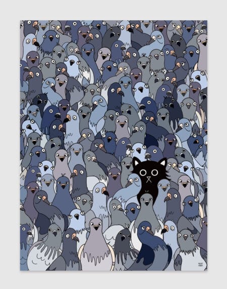 A hand-illustrated wall art print of a black cat sat among bustling flock of pigeons
