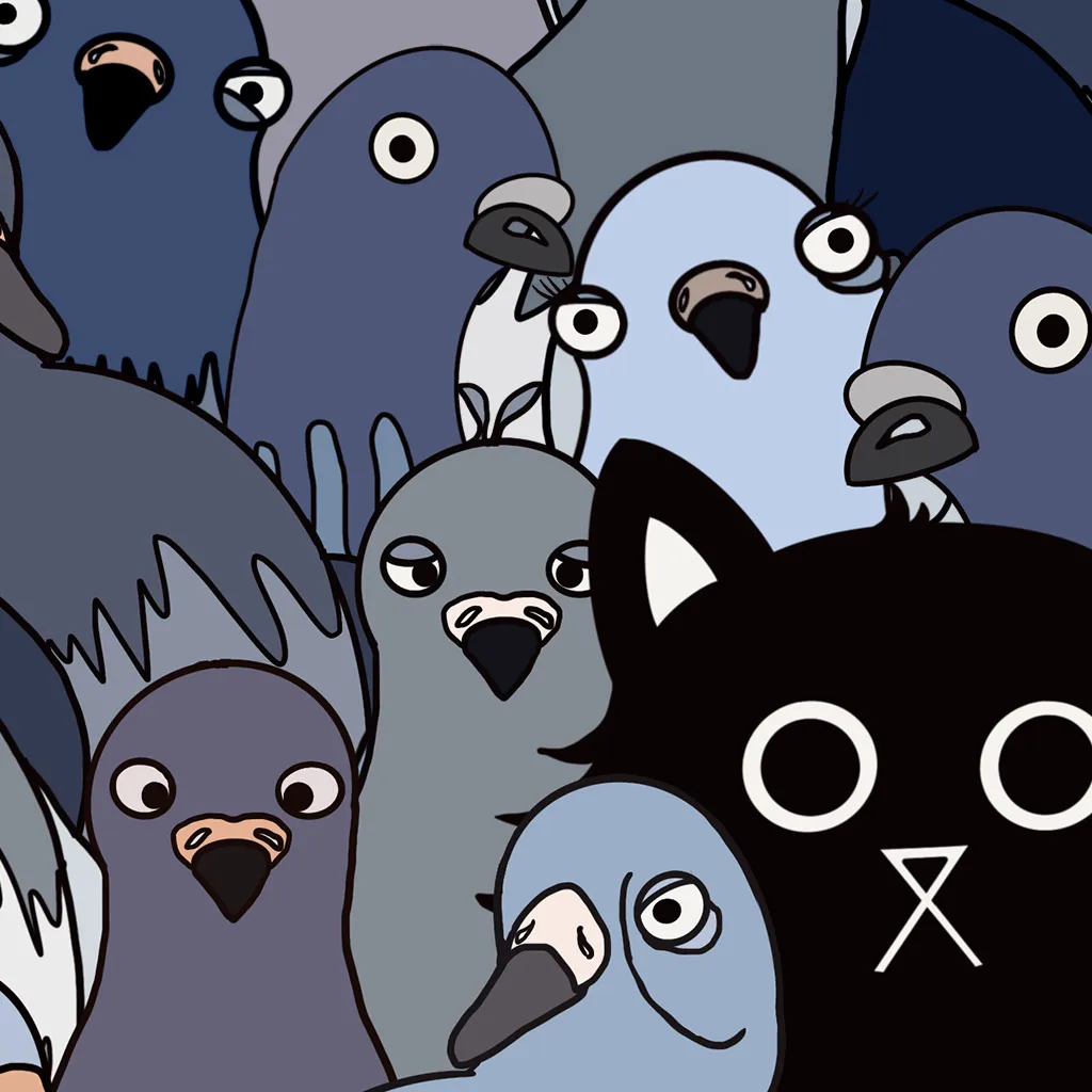 A hand-illustrated wall art print of a black cat sat among bustling flock of pigeons zoomed in
