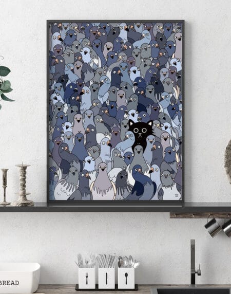 A hand-illustrated wall art print of a black cat sat among bustling flock of pigeons