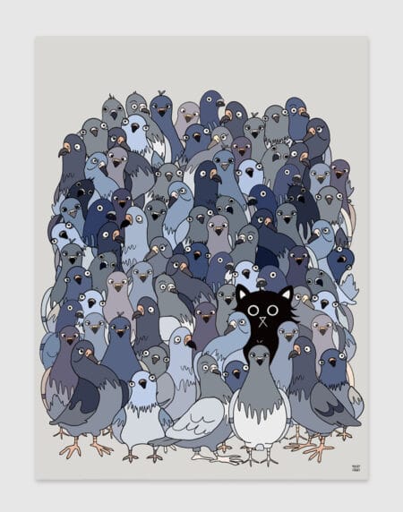 A hand-illustrated wall art print of a black cat sat among bustling flock of pigeons
