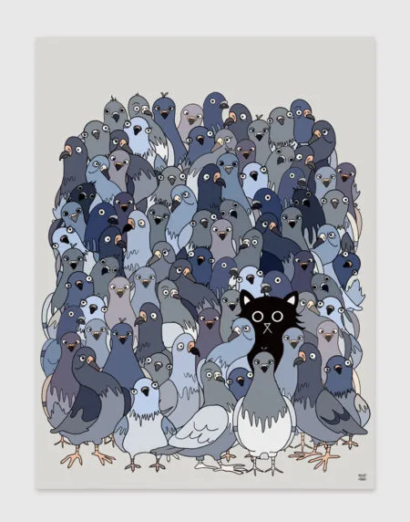 A hand-illustrated wall art print of a black cat sat among bustling flock of pigeons