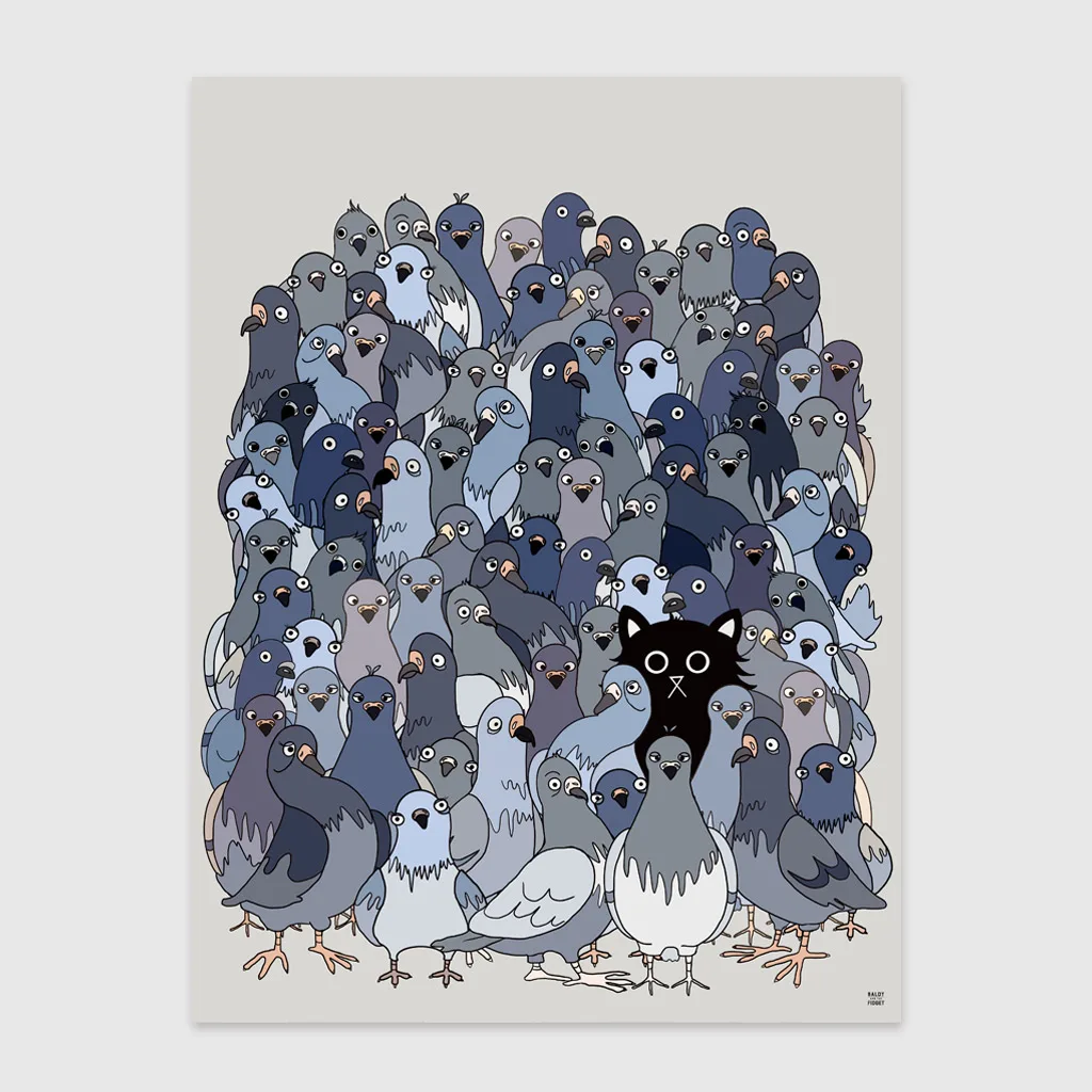 A hand-illustrated wall art print of a black cat sat among bustling flock of pigeons