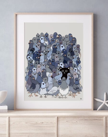 A hand-illustrated wall art print of a black cat sat among bustling flock of pigeons