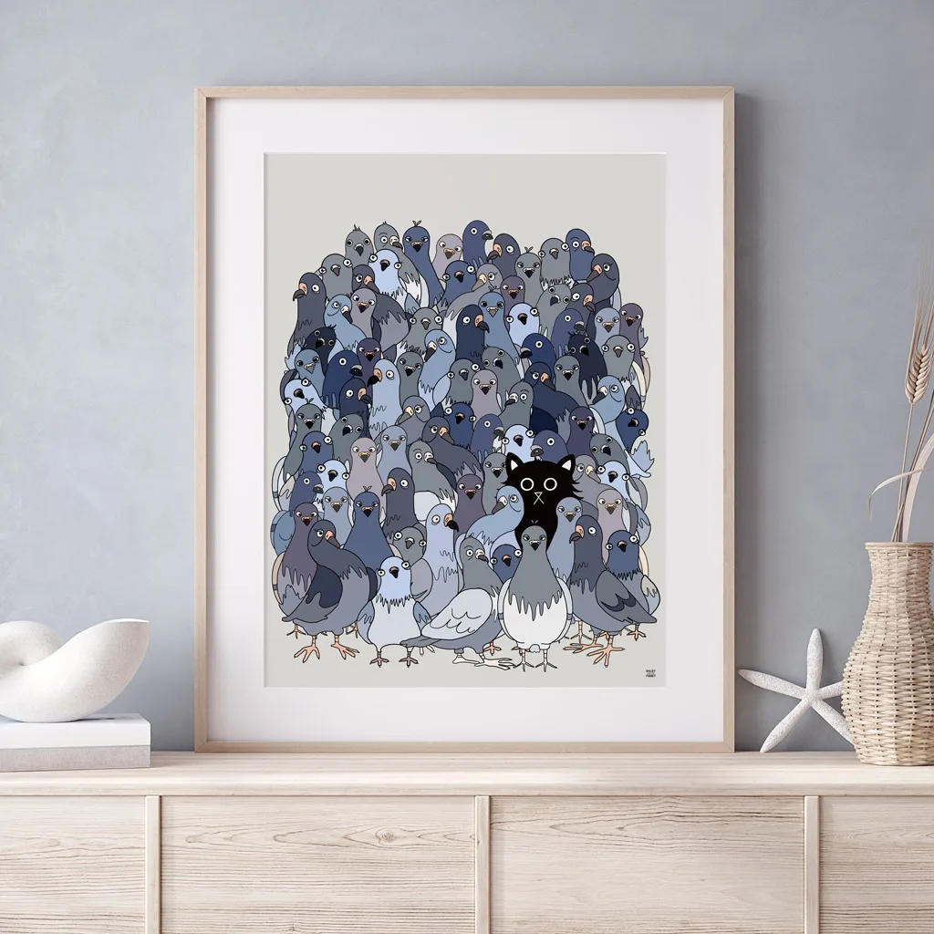 A hand-illustrated wall art print of a black cat sat among bustling flock of pigeons