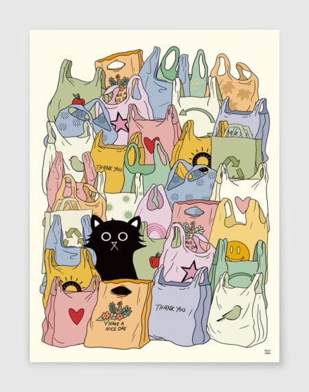 a hand-drawn illustration featuring a black cat sat among hand draw bags in multicoloured pastel shades with a border