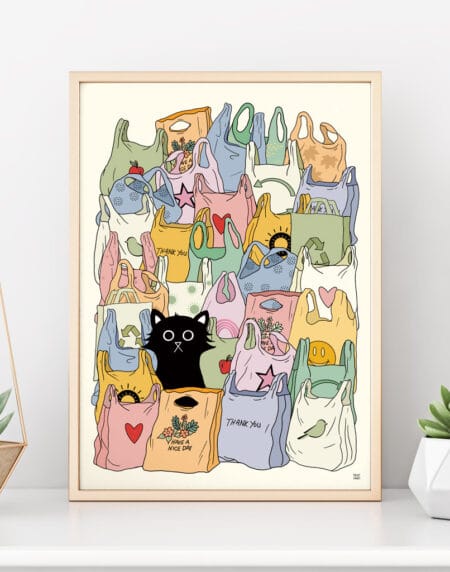 Celebration cat art print with pastel shopping bags and black cat. The wall art print is called 'The Cat's Out Of The Bag'