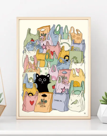 Celebration cat art print with pastel shopping bags and black cat. The wall art print is called 'The Cat's Out Of The Bag'