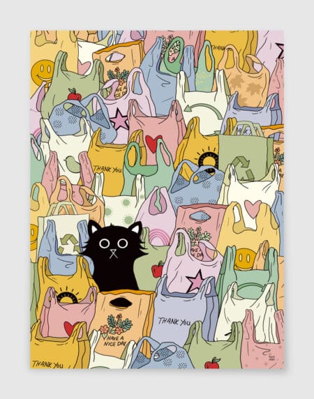a hand-drawn illustration featuring a black cat sat among hand draw bags in multicoloured pastel shades