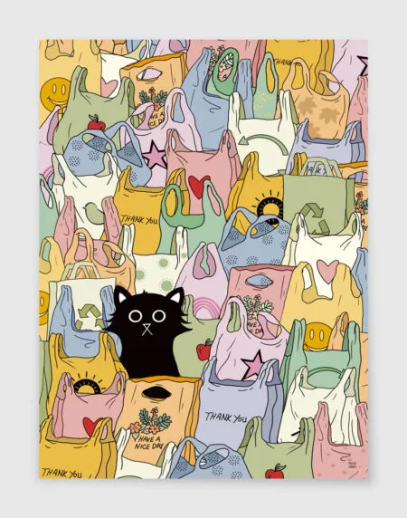 a hand-drawn illustration featuring a black cat sat among hand draw bags in multicoloured pastel shades