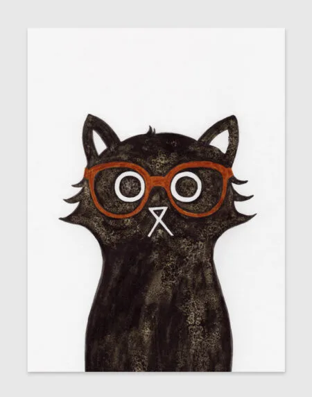 ink and salt black cat illustration print, wearing Clark Kent styled glasses