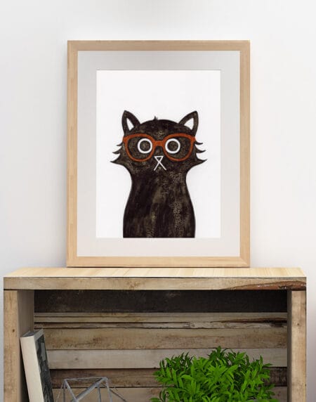 ink and salt black cat illustration print, wearing Clark Kent styled glasses