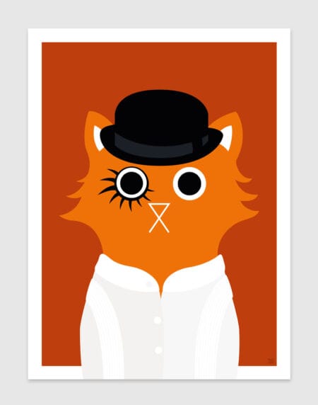 tongue in cheek vector illustration of a cat depicted as Alex from the Clockwork Orange, wearing braces and a top hat