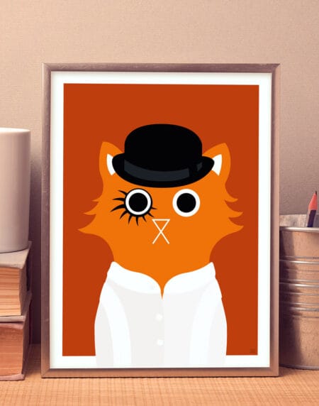 tongue in cheek vector illustration of a cat depicted as Alex from the Clockwork Orange, wearing braces and a top hat