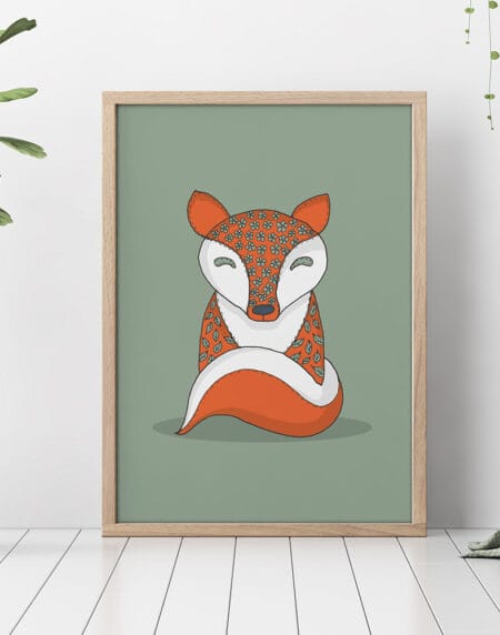 hand-drawn fox illustration print, made to look like it's stitched around the edges, in orange and green colours