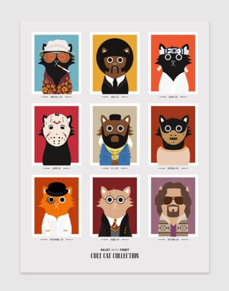 tongue in cheek vector illustration of a cats depicted as famous movie characters, done in bright and bold vector colours