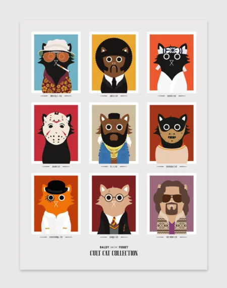 tongue in cheek vector illustration of a cats depicted as famous movie characters, done in bright and bold vector colours