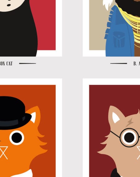 tongue in cheek vector illustration of a cats depicted as famous movie characters, done in bright and bold vector colours
