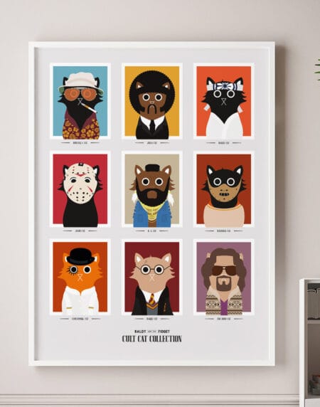 tongue in cheek vector illustration of a cats depicted as famous movie characters, done in bright and bold vector colours