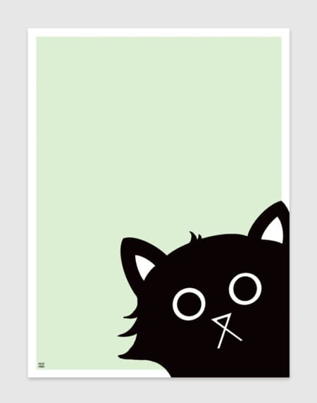 digital illustration of a black cat peering in from the bottom right corner, on a mint background