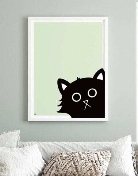 digital illustration of a black cat peering in from the bottom right corner, on a mint background