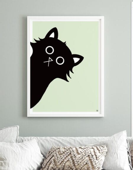 digital illustration of a black cat peering in from the left side, on a mint background