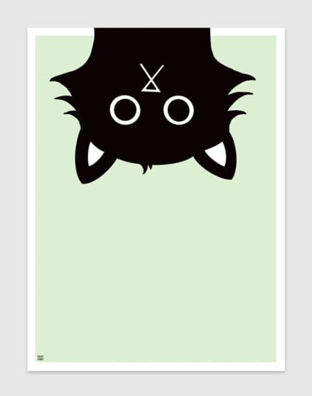 digital illustration of a black cat peering in from the top, on a mint background